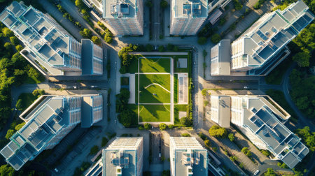 Aerial view of a large-scale housing project with identical residential buildings and green courtyardsの素材