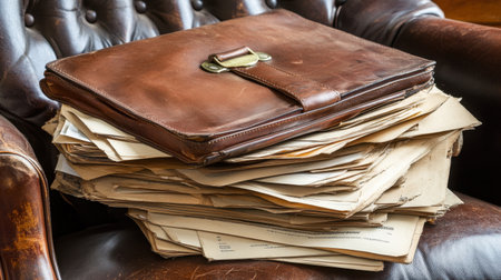 Agents briefcase with real estate documents on leather chairの素材