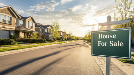 Daylight shot of suburban street lined with homes, one with House For Sale sign out frontの素材