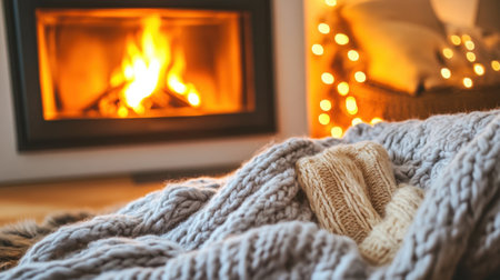 Cozy fireplace and modern living room setup in a staged home for saleの素材