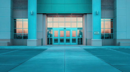 Corporate office building entrance with wide glass doors and architectural detailsの素材