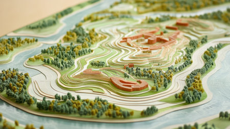 Desktop with land registry maps and topographic overlays for developmentの素材