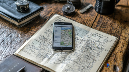 Desk setup with to-do list, property map, and smartphone on notepadの素材