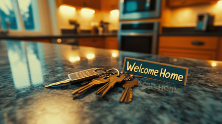 Keys on kitchen counter next to a Welcome Home card in a newly purchased houseの素材