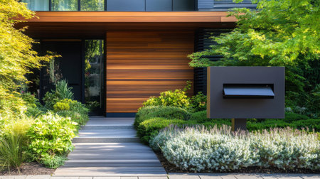 Exterior view of a modern duplex with landscaped front lawn and mailboxの素材