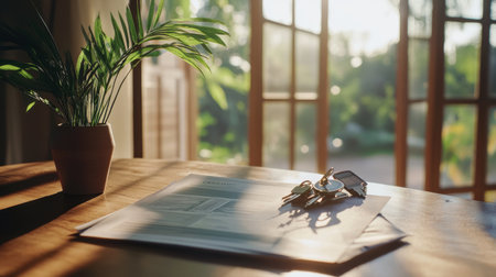 New homeowner welcome kit with branded materials and home keys on a tableの素材