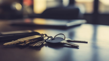 New homeowner welcome kit with branded materials and home keys on a tableの素材