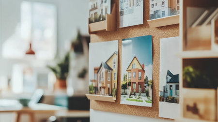 Real estate listing flyers displayed on a corkboard inside agency officeの素材