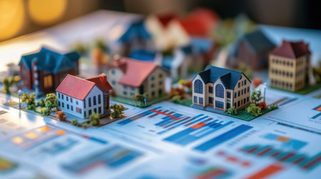 Real estate IRR and ROI graphs placed next to miniature buildingsの素材