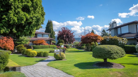 Real estate for sale sign in front of a clean, well-maintained residential propertyの素材