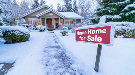 Snow-covered lawn and cozy house with Home for Sale sign visible from sidewalkの素材