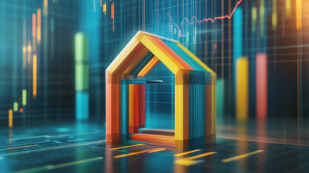 Visual metaphor of building blocks forming a house over financial chartの素材