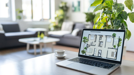 Real estate marketing ad with detailed floor plan of a house for sale on a laptopの素材