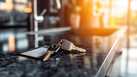 Real estate brochure and house keys left on a granite countertopの素材