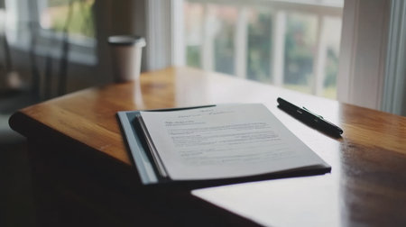 Real estate folder and pen placed on countertop in a brand new kitchenの素材