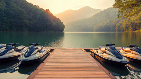 A dock with empty jet skis parked in a row with a calm lake in the backgroundの素材