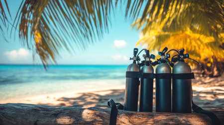 Bright fins and air tanks sitting on driftwood under tropical sunの素材