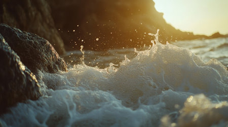 Crashing waves creating white foam against rugged seaside cliffs at sunsetの素材