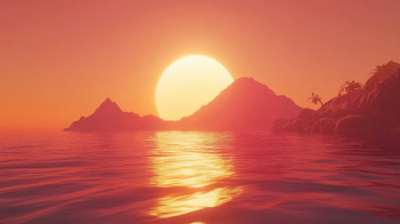 Coastal sunset with intense orange and pink hues above a shimmering seaの素材