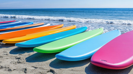 A row of brightly colored paddleboards lined up along the shore with the ocean in the backgroundの素材