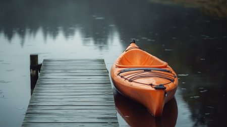 A vibrant orange kayak tied to a dock with soft waves rolling gently against the boatの素材