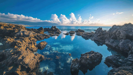 Colorful tide pools along a rocky shoreline, reflecting the bright blue skyの素材