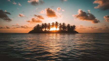 Dramatic sunset casting golden hues over an isolated tropical islandの素材