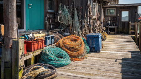 Fishing nets and equipment piled neatly on a dockside in a rustic marinaの素材