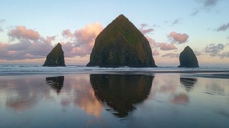 Sunset reflections shimmering across a wide stretch of smooth wet beachの素材