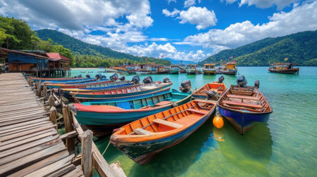 Fleet of tourist boats lining a rustic wooden pier under bright skiesの素材