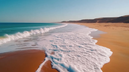 Wave foam creating delicate lace patterns over wet golden sand beachの素材