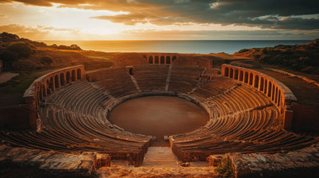Ancient amphitheater with cultural significance standing in a scenic locationの素材
