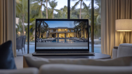 Business desk with open laptop showing luxury hotel booking options for a tripの素材