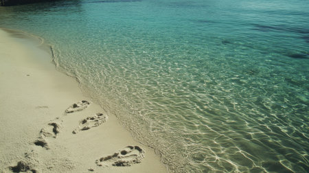 Beach scene with footprints leading into crystal-clear watersの素材