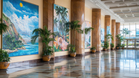 Airfare promotions and holiday packages advertised in a travel agency lobbyの素材