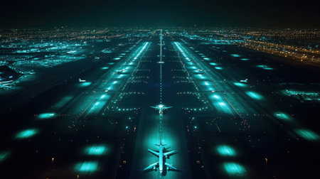 Airplane landing at a bustling international airport captured at nightの素材
