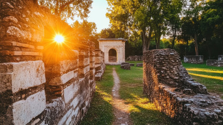 Ancient ruins from a famous international archaeological site at sunriseの素材