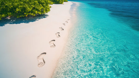 Beach scene with footprints leading into crystal-clear watersの素材