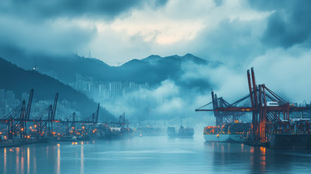 Busy international harbor with cargo ships and cranes under cloudy skiesの素材