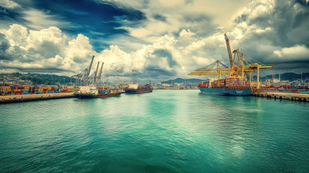 Busy international harbor with cargo ships and cranes under cloudy skiesの素材