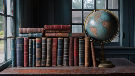 Collection of international travel guidebooks stacked beside a globeの素材