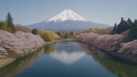 Mount Fuji reflected perfectly in a serene lake surrounded by cherry blossomsの素材