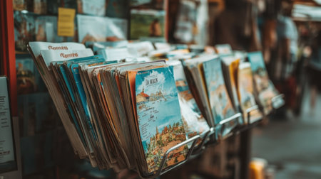 Collection of local attraction pamphlets organized by region on a display rackの素材
