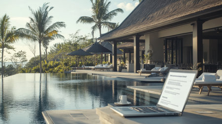 Open laptop showing a luxurious resort booking page ready to confirm reservationの素材