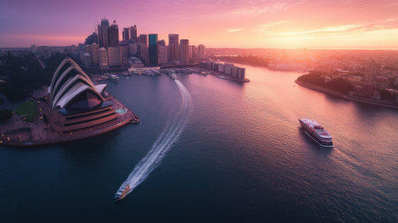 Cultural cityscape at sunset with iconic landmarks and rich historyの素材