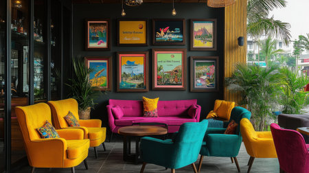 Inspirational travel quotes framed on the walls of a vibrant travel agencyの素材