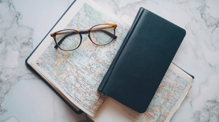 Flat lay of city map, travel guidebook, and old-fashioned travel journalの素材