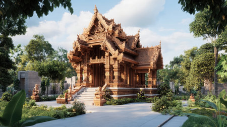 Intricately decorated cultural temple in a peaceful garden settingの素材