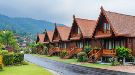 Row of traditional wooden houses with cultural symbols and designsの素材