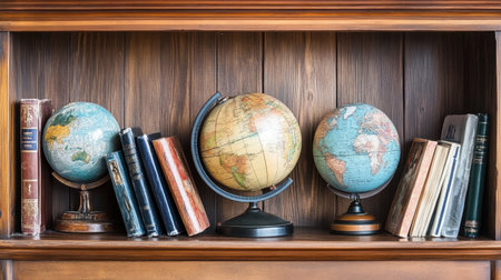 Travel agency shelf filled with globes, travel magazines, and guidebooks for touristsの素材